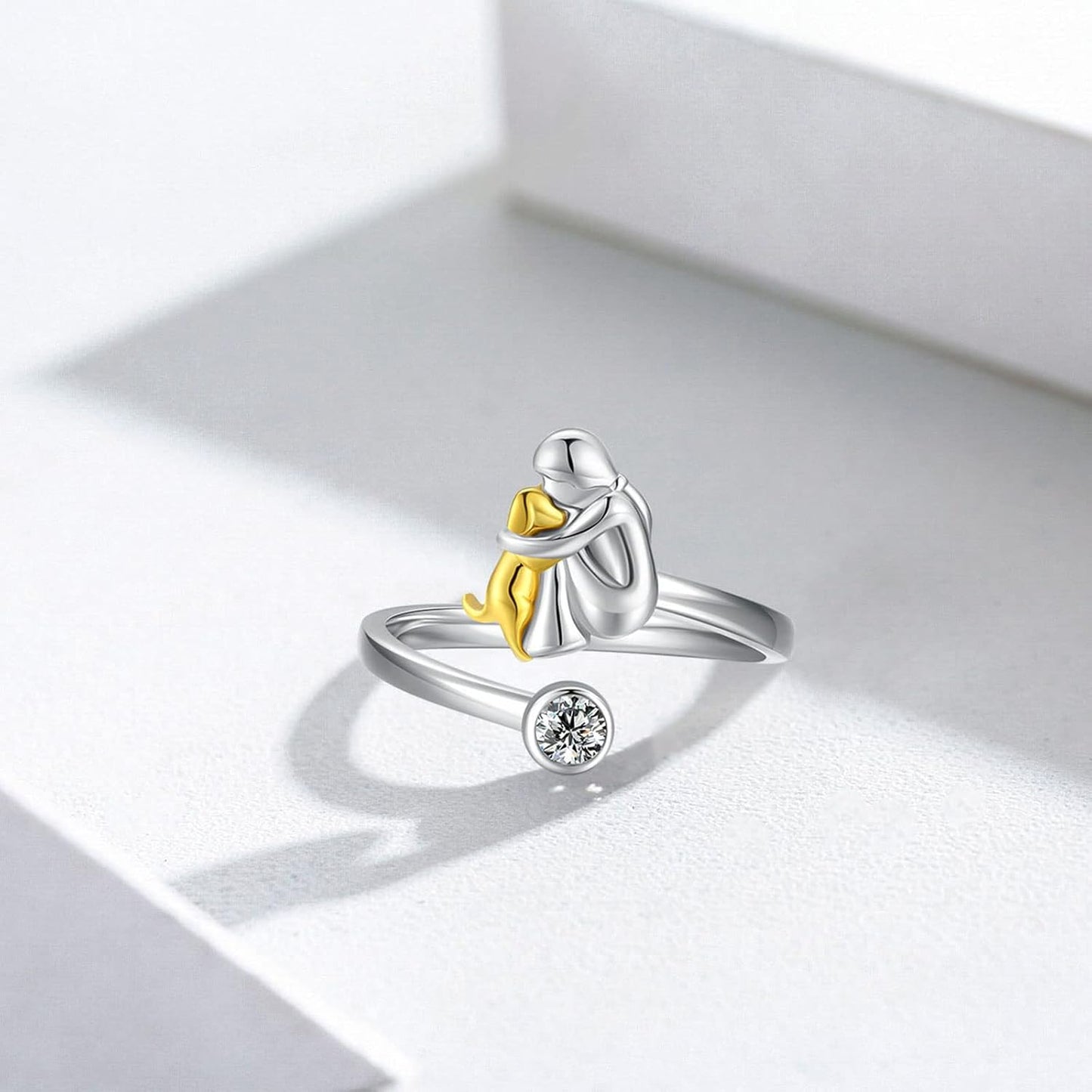 Adjustable Silver Dog Ring wit Zirconia