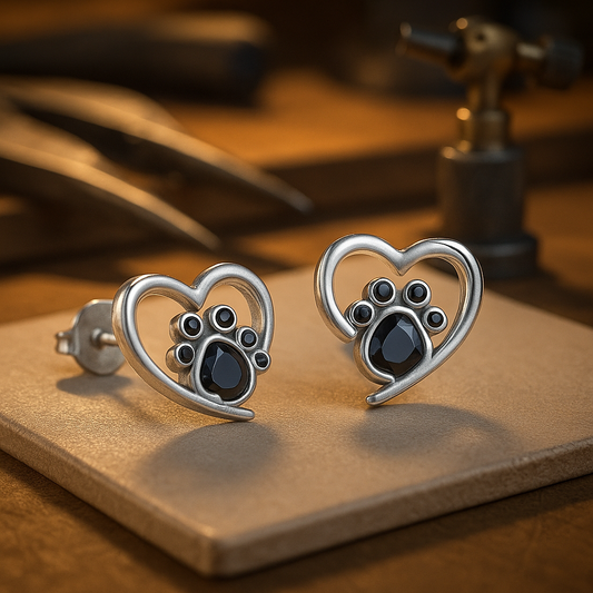 Heart Paw Stud Earrings โ Silver with Black Enamel